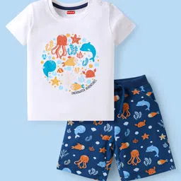 Babyhug Single Jersey Knit Half Sleeves T-Shirt & Shorts Set with Sea Life Print - Navy Blue & White-picture-36