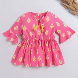 The Magic Wand Cotton Three Fourth Bell Sleeves Ikat Printed Gathered Top With Tassels - Pink-picture-16