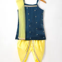 Saka Designs Woven Sleeveless Kurti Dhoti Set with Dupatta & Embroidery - Yellow & Navy Blue-picture-19