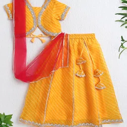 The Magic Wand Cotton Woven Half Sleeves Leheriya Printed & Gota Lace Embellished Lehenga Choli With Dupatta Set - Yellow-picture-28