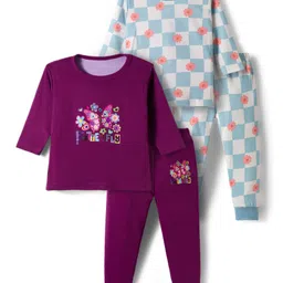 Kidi Wav Full Sleeves Floral Checked & Butterfly Printed Tee & Pajama Set - Multi Colour-picture-27
