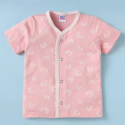 Ben Benny 100% Cotton Knit Half Sleeves Front Open Shorts Nightsuit with Rainbow Print - Pink image 2