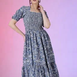 Raiyani Enterprise Women Floral Printed Puff Sleeves Fit & Flared Dress-image-4