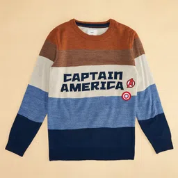 Pantaloons Junior Cotton Marvel Featuring Full Sleeves Captain America Text Designed Striped Sweater - Multi Colour image 3
