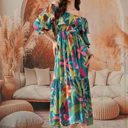 Moda Rapido Floral Print Off-Shoulder Puff Sleeve Ruffled Crepe Maxi Midi Dress-picture-27