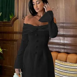 KPOP Women solid Off-Shoulder A-Line Dress image 2