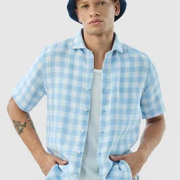 Snitch Men Gingham Checked Cutaway Collar Casual Shirt-image-95