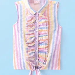 Babyhug Woven Sleeveless Front Open Striped  Top with Knot and Frill Detailing - Multicolour-picture-13