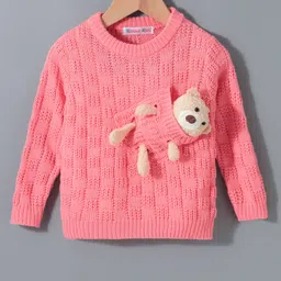 Kookie Kids Viscose Full Sleeves Pullover Sweater With Cable Knit Design & 3D Teddy Bear Applique - Hot Pink-image-29