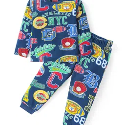 Babyhug Cotton Knit Full Sleeves Night Suit With Varsity Print - Navy-picture-18