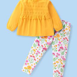 Babyhug Cotton Knit Full Sleeves  Schiffli & Lace Detailed Top With Floral Printed Leggings - Yellow-picture-26