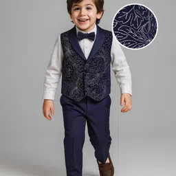 Babyhug Woven Full Sleeves Floral Embroidered Textured 3 Piece Party Suit with Bow - Navy Blue-picture-16