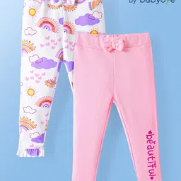 Babyoye Eco Conscious 100% Cotton Knit Full Length Leggings with Rainbow Text Print & Bow Detailing Pack of 2- White & Pink-picture-30