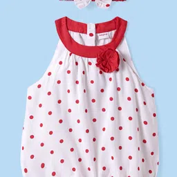 Babyhug Rayon Woven Sleeveless Top & Hairband With Polka Dots & Floral & Bow Applique - White & Red-picture-22