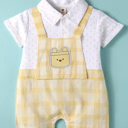 ToffyHouse Cotton Knit Half Sleeves Checks Romper With Floral Print - Lemon Yellow & White-image-60