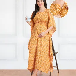 Bella Mama Cotton Woven Half Sleeves Floral Printed Nursing Kaftan Nighty - Mustard-picture-20