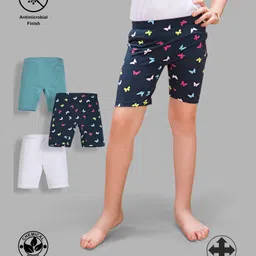 TRESNOVA Cotton Lycra Pack Of 3 Anti Microbial Finish & Smart Waistband Technology Butterfly Printed & Solid Soft Cycling Shorts - Navy Blue & White-picture-13