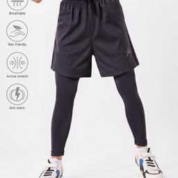 Pine Active Woven Solid Athletic Shorts with Full Length Tights - Black-picture-34
