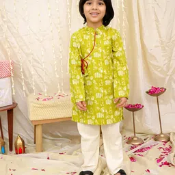 KID1 Cotton Woven Full Sleeves Baby Animals Printed Kurta Pyjama - Green-picture-23