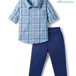 Babyoye 100% Cotton Woven Full Sleeves Shirt and Trouser Set With Checks - Light Blue & Blue-picture-22