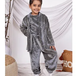 NEUDIS Velvet Knit Ribbed Top & Trouser With Full Sleeves Shrug Set - Grey-picture-14