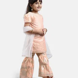 Babyoye Half Sleeves Top & Palazzo Set With Dupatta Glitter Print - Peach image 2