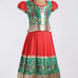 Bhartiya Paridhan Silk Woven Half Sleeves Floral Foil Printed Choli Lehenga Set - Red & Green image 2