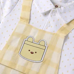 ToffyHouse Cotton Knit Half Sleeves Checks Romper With Floral Print - Lemon Yellow & White image 3