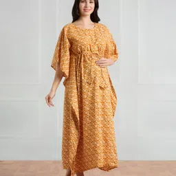 Bella Mama Cotton Woven Half Sleeves Floral Printed Nursing Kaftan Nighty - Mustard image 4