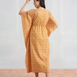 Bella Mama Cotton Woven Half Sleeves Floral Printed Nursing Kaftan Nighty - Mustard image 5