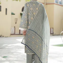 Divena V-neck Floral Printed Pure Cotton Straight Kurta with Trouser & Dupatta image 3