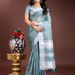 ALAGINI Striped Zari Organza Saree-image-5
