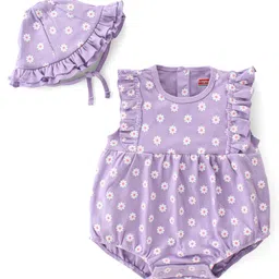 Babyhug 100% Cotton Knit Frill Sleeves Striped Onesie with Cap Floral Print - Lavendor-picture-26