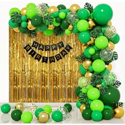 Surprise Decor Jungle Theme Birthday Decoration Item for boys with Backdrop, Artificial leaves,Confetti balloons & Happy birthday party banner pack of 72 items-image-36