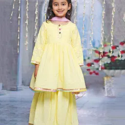 Little Bansi Cotton Three Fourth Sleeves Floral Embroidered Kurta Sharara With Dupatta Set - Lemon Yellow-picture-18