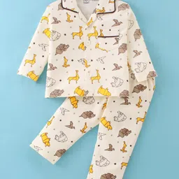 Little Darlings Cotton Knit Full Sleeves Night Suit With Animals Print - Cream-picture-24