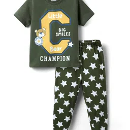 Babyhug Cotton Knit Half Sleeves Night Suit With Champion Text Print - Dark Green-picture-21