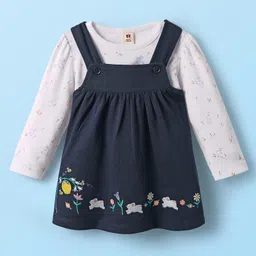 ToffyHouse 100% Cotton Knit Embroidered Frock with Full Sleeves Bunny & Floral Printed T-Shirt - Navy Blue & White-picture-10