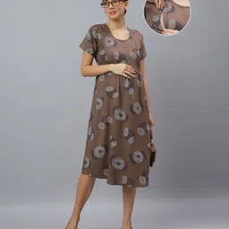 Mamma's Maternity Cotton Woven Half Sleeves Geometric Printed Maternity Night Dress With Side Zipper Nursing Access - Brown-picture-34
