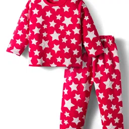 Babyhug Knit Full Sleeves Co-Ord Winter Night Suit With Star Print - Red-picture-10