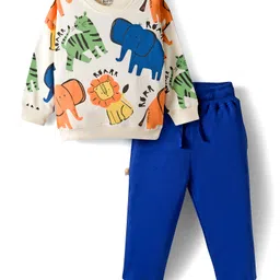 Bonfino 100% Cotton Knit Full Sleeves T-Shirt & Lounge Pant Set With Animal Print - White & Navy Blue-picture-20