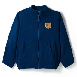 Babyhug Knit Full Sleeves Front Open Sweater with Bear Patch Detailing - Navy Blue-picture-10