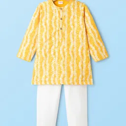 Babyhug Cambric Woven Full Sleeves Kurta Pajama Set With Floral Hakoba Embriodery - Yellow-picture-13