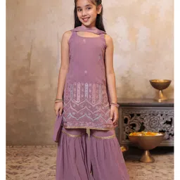 AJ Dezines Georgette Woven Sleeveless Floral Embroidered & Sequins Embellished Kurti Sharara With Dupatta Set - Pink-picture-11