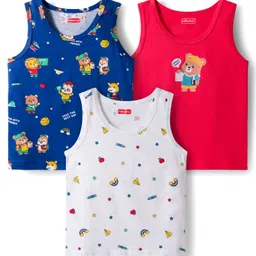 Babyhug 100 % Cotton Knit Sleeveless Sandos with Animal Print Pack of 3 - Red White & Navy Blue-picture-27