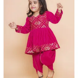 Titrit Velvet Woven Full Sleeves Mirror Work & Sequin Embellished Kurti Dhoti Set - Pink image 4