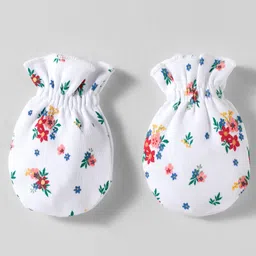 Babyhug 100% Cotton Knit Cap Mittens & Booties With Floral Print White - Diameter 11 cm image 4