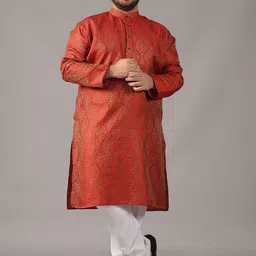 SOJANYA PLUS Size Ethnic Motifs Woven Design Band Collar Jacquard Silk Straight Kurta-picture-29