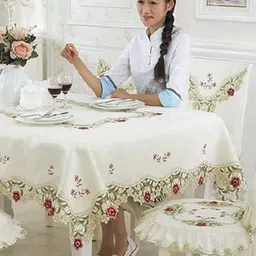 TANLOOMS Cream-Coloured Floral 8-Seater Table Cover with Embroidered details-image-26