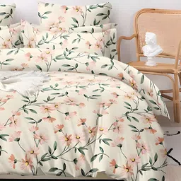WEAVE AND DECOR Peach-Coloured & Green Floral 300 TC Queen Bedsheet with 2 Pillow Covers image 2